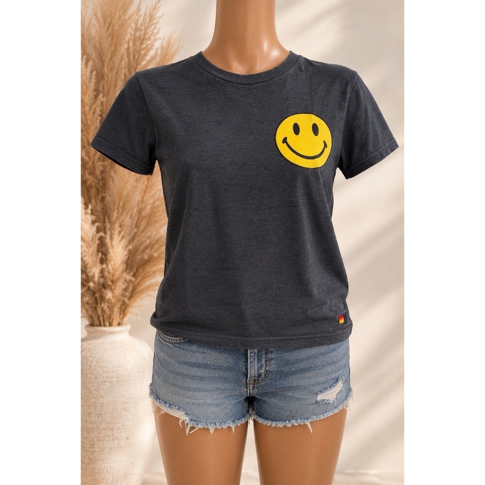 Aviator Nation Gray Smiley Face Logo Graphic Kids Crew Neck T-Shirt *Flawed*